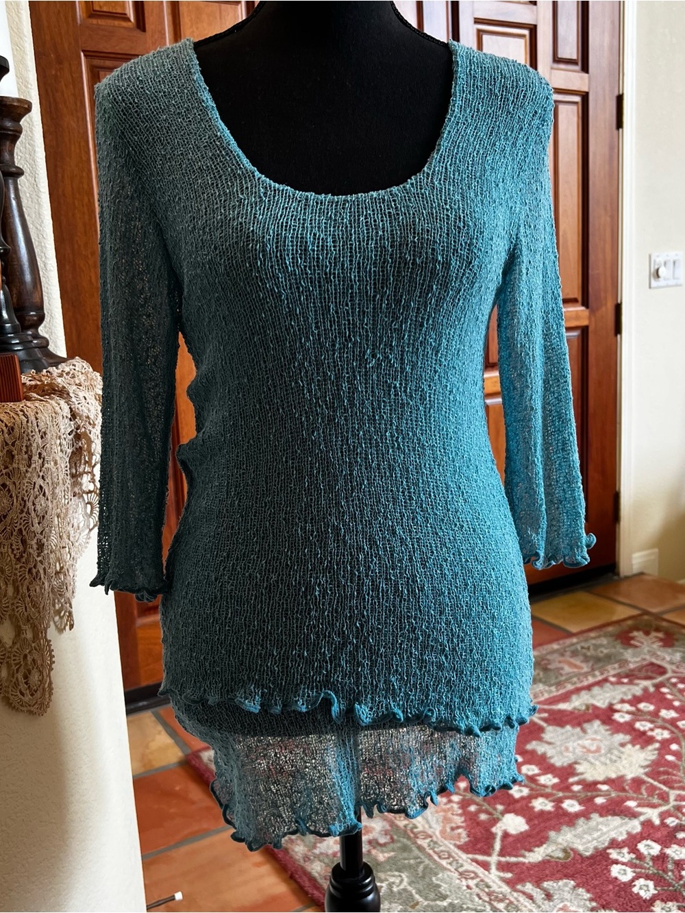 Van Klee tissue knit sweater With Beaded Scarf turquoise blue one size